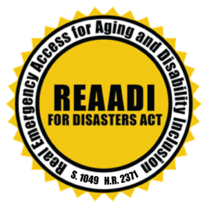 A sun with text in the center: REAADI for Disasters Act. Between the sun's center and rays is text: Real Emergency Access for Aging and Disability Inclusion (REAADI) for Disasters Act, S. 1049, H.R. 2371.